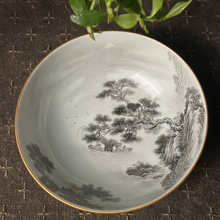 墨彩宋画山水矾红描金普洱杯 墨缘堂
