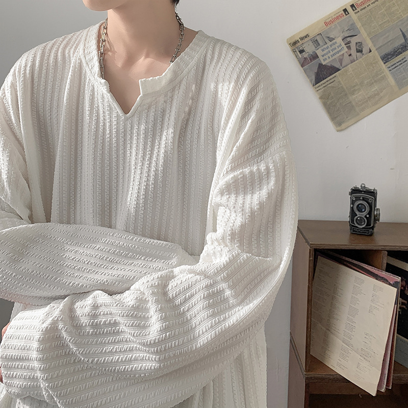 春秋新款卫衣V领长袖T恤男美式亨利领宽松oversize内搭打底衫上衣