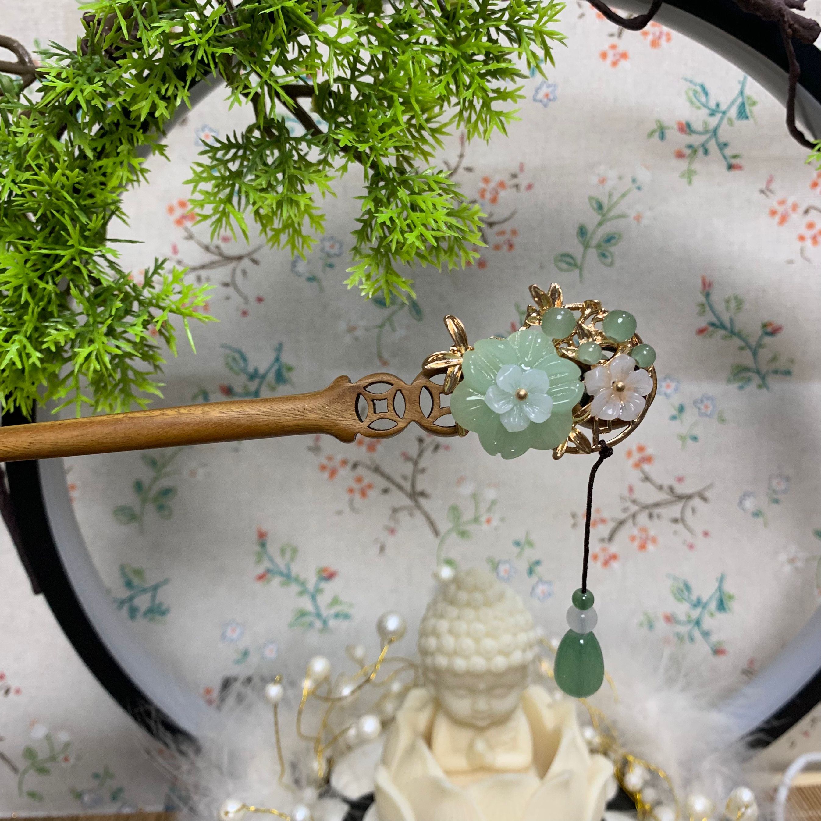 18公分绿檀木发簪昙花一现新中式国风款式精致百搭配旗袍必备发簪