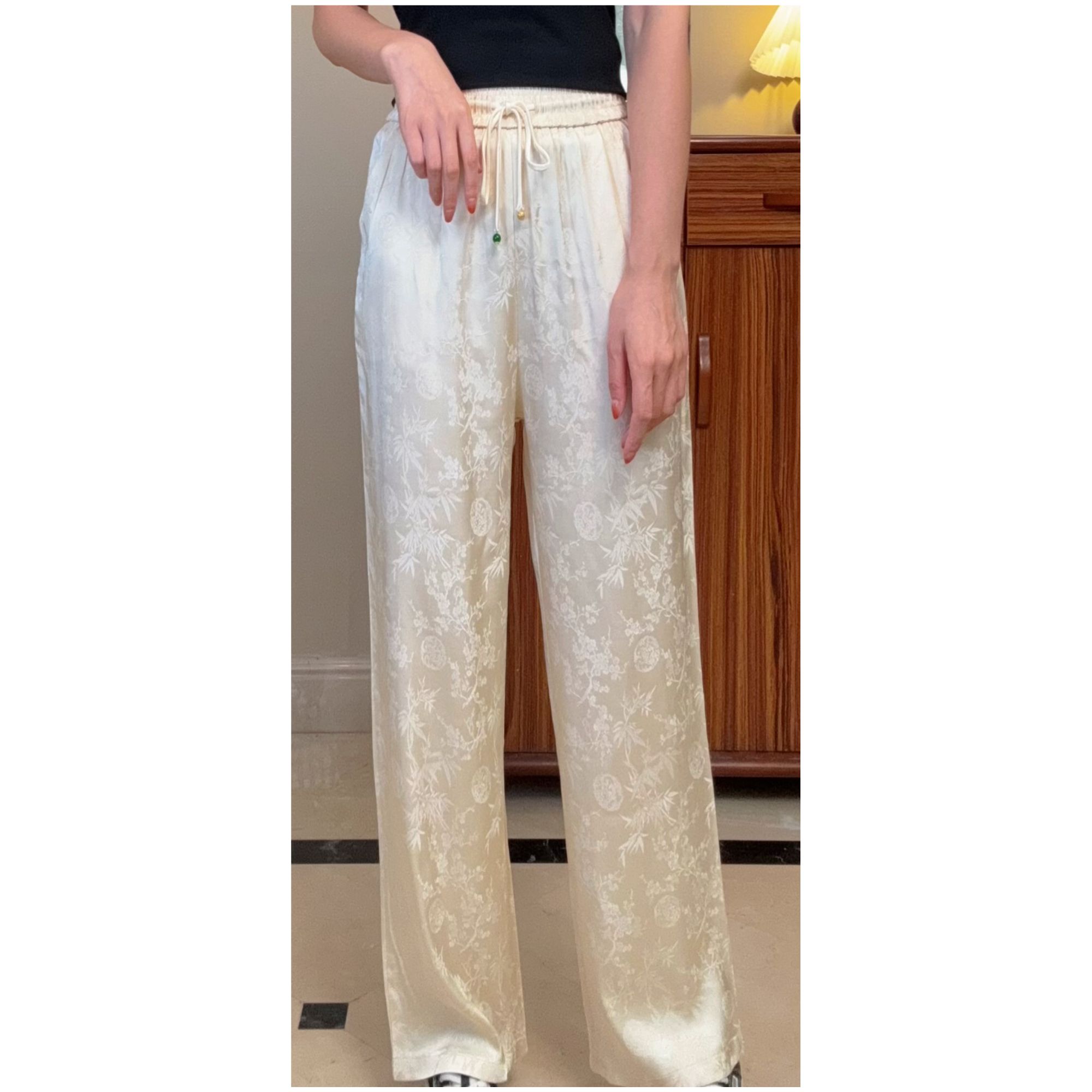 真丝直通窄版女裤重工提花垂顺丝滑透气松紧腰有抽绳