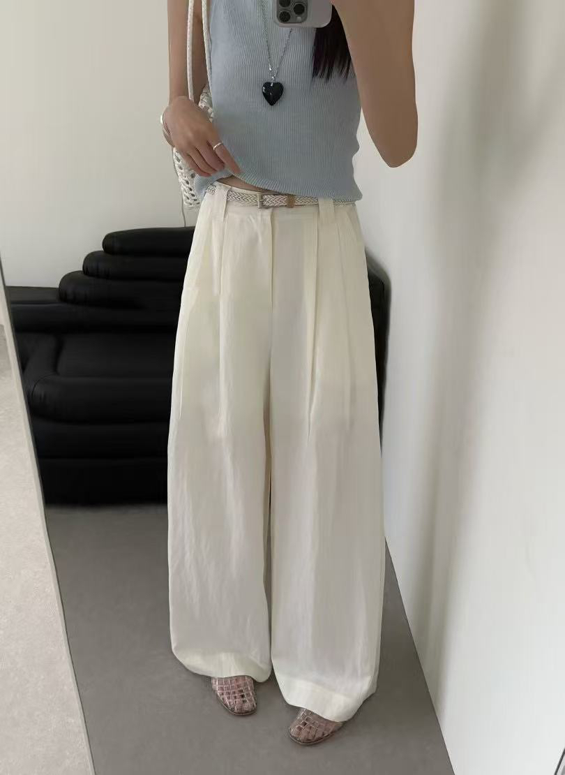 夏上新!韩系百搭休闲铜氨丝面料阔腿裤休闲裤(配腰带) 白色
