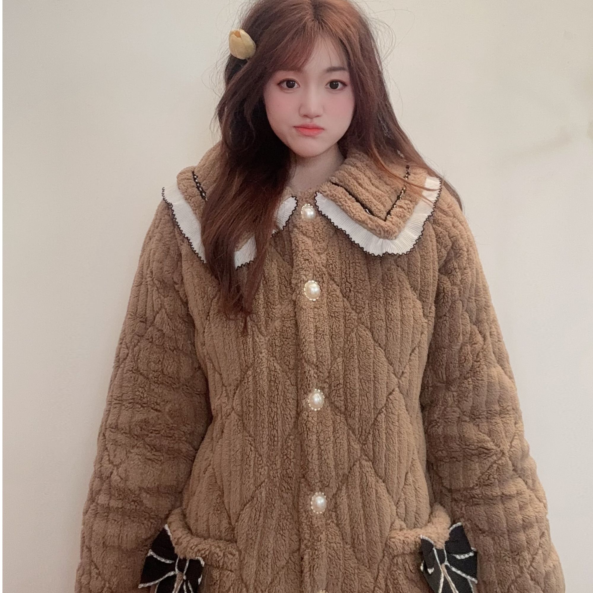 冬季女士珊瑚绒夹棉家居服三层加厚加绒少女学生款大翻领蝴蝶结