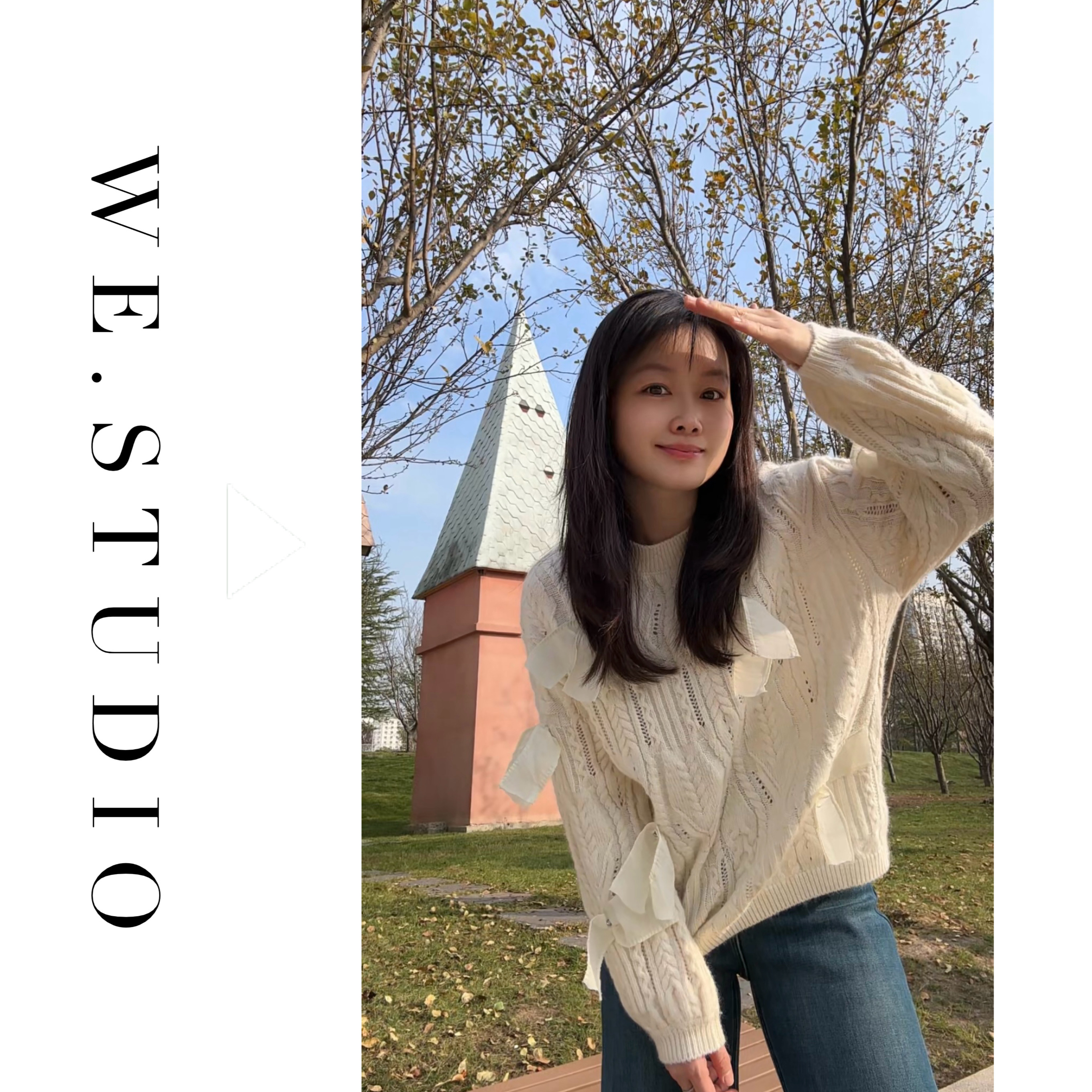 【WE】蝴蝶结装饰绞花镂空毛衣