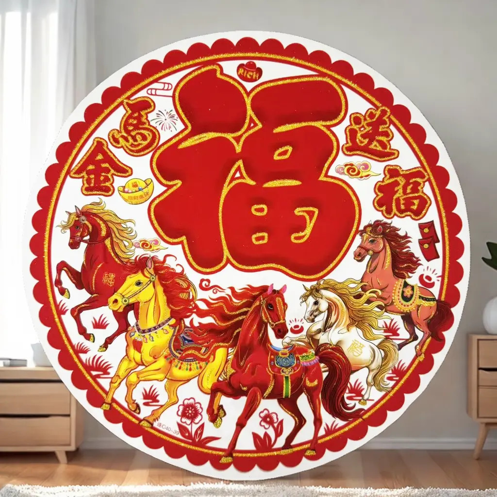 【2对4张】金马送福彩色植绒洒金福字窗花