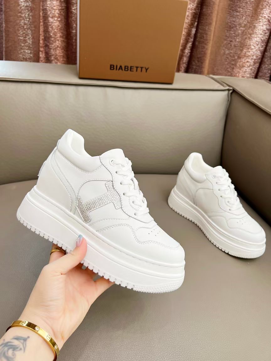 新款真皮配水钻时尚休闲百搭舒适松糕厚底内增高防水台小白鞋女鞋