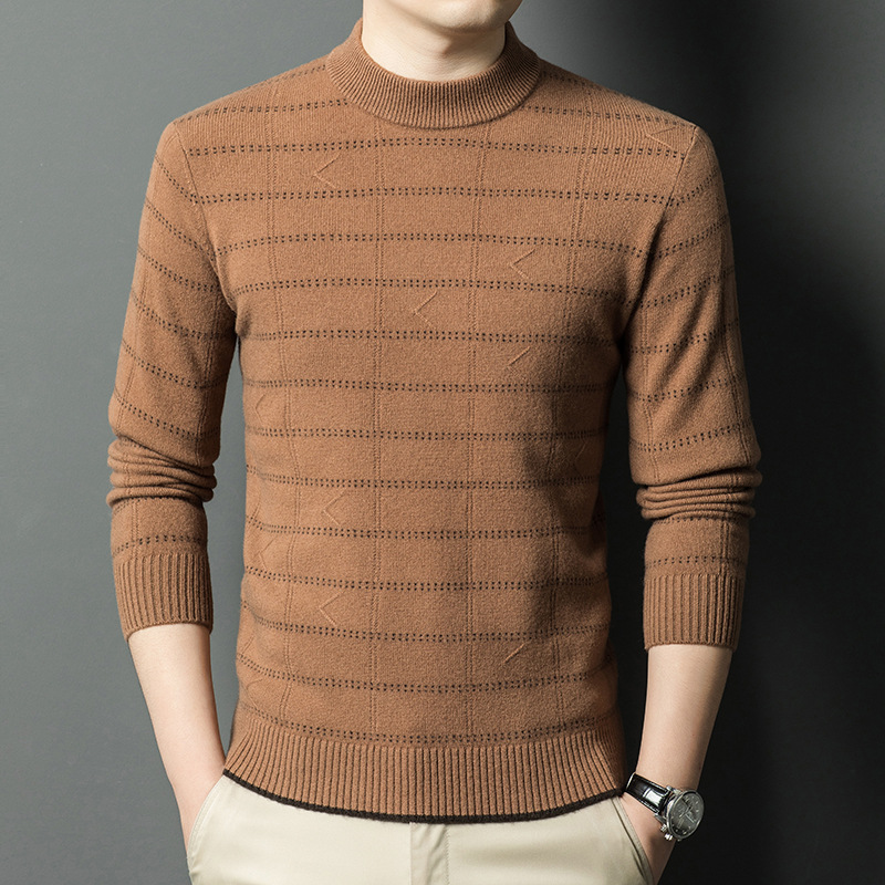 宽松型秋冬季新款羊毛衫中年男士半高领休闲提花保暖针织打底衫毛