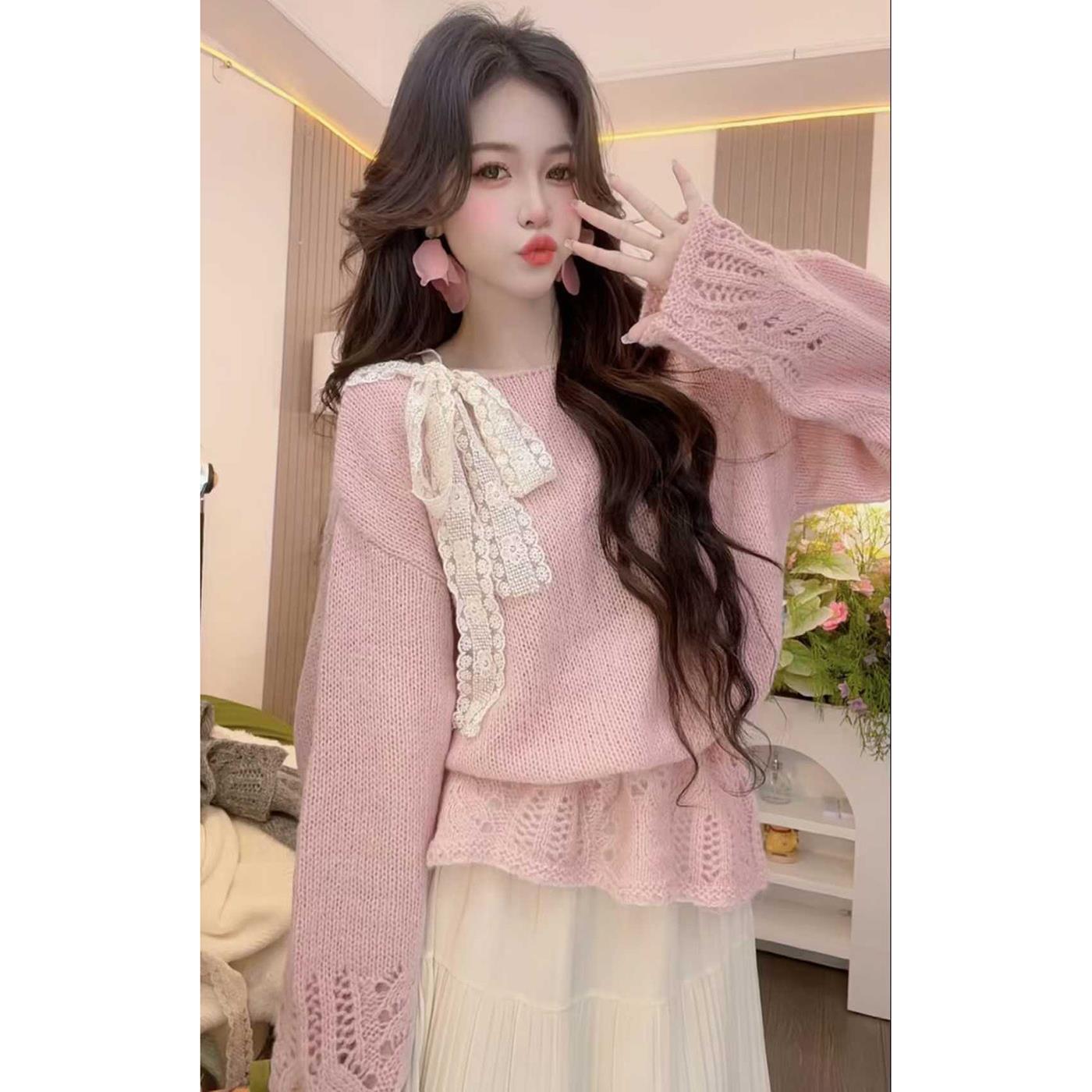 2025新款温柔紫色蕾丝蝴蝶结系带套头毛衣春秋甜美宽松针织衫上衣
