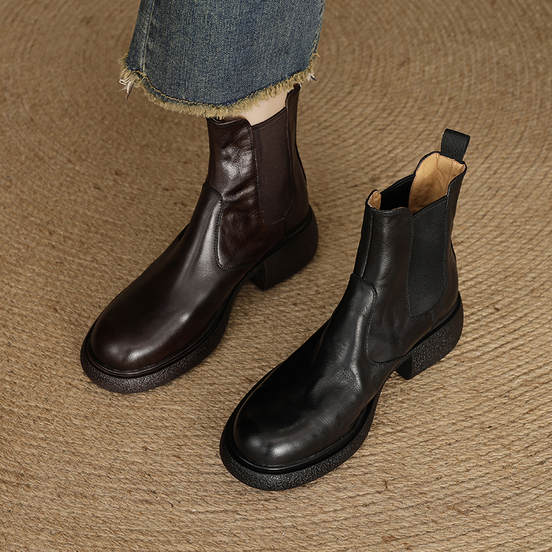 头层牛皮/5公分 圆头真皮厚底增高舒适短靴女 秋冬单靴子粗跟百搭