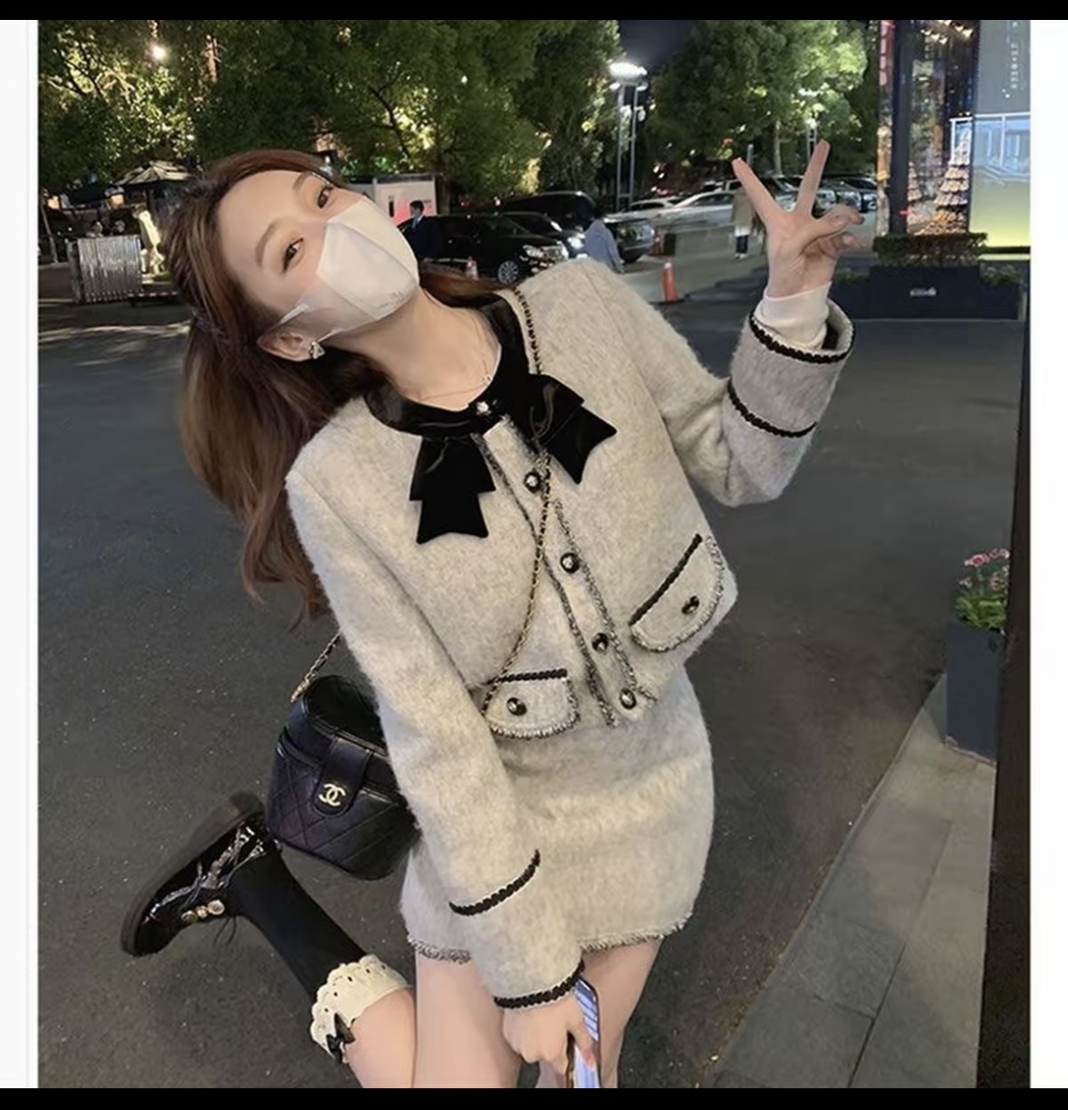 高级感小香风毛呢套装裙2025早秋韩剧气质名媛蝴蝶结拼接两件套女