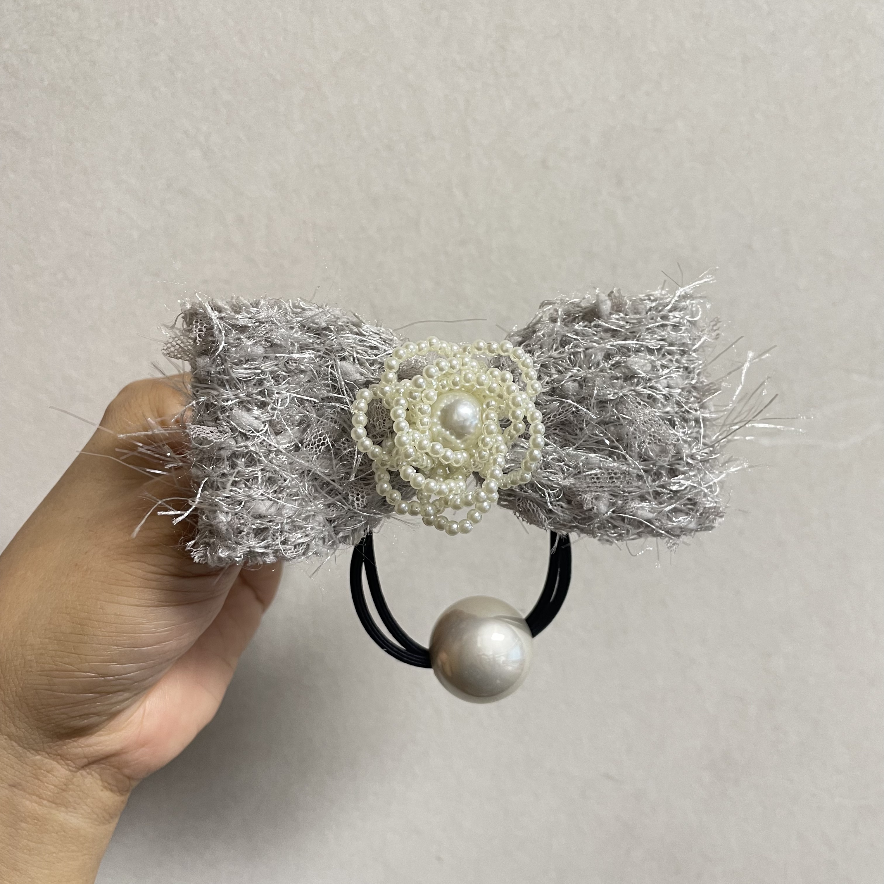 F138  韩系小香风毛呢珠珠高弹力发圈发绳气质清新百搭灰色时尚