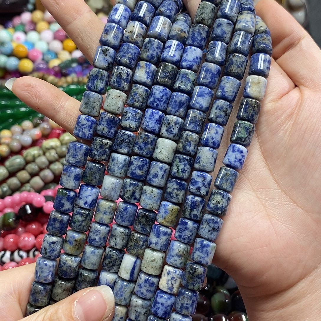 玛瑙/玉髓未镶嵌珠宝半成品蓝纹桶珠一条卡8*10mm