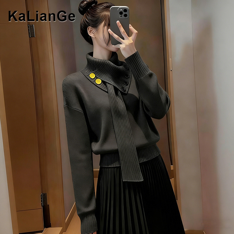 卡莲格/韩系围巾领套头针织软糯毛衣女冬季款修身显瘦小香风上衣