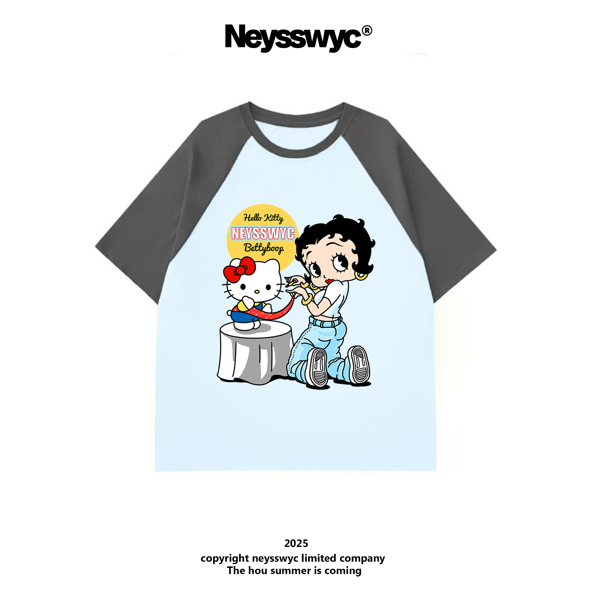 NEYSSWYC 【Betty】灰蓝色插肩短袖小众新款卡通宽松T恤可爱卡通KT