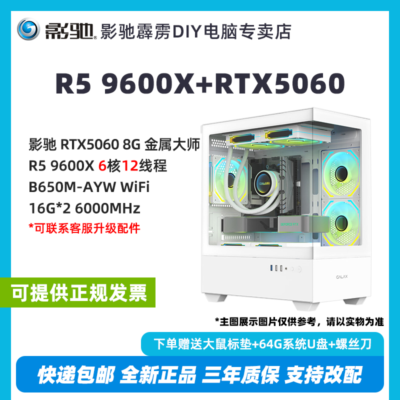 影驰RTX5060+R5 9600X 电竞游戏设计办公DIY白色海景房主机