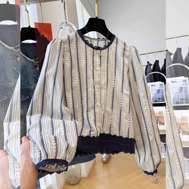 春秋季新品法式条纹高级花边拼接女装大版衬衫宽松显瘦长袖上衣潮