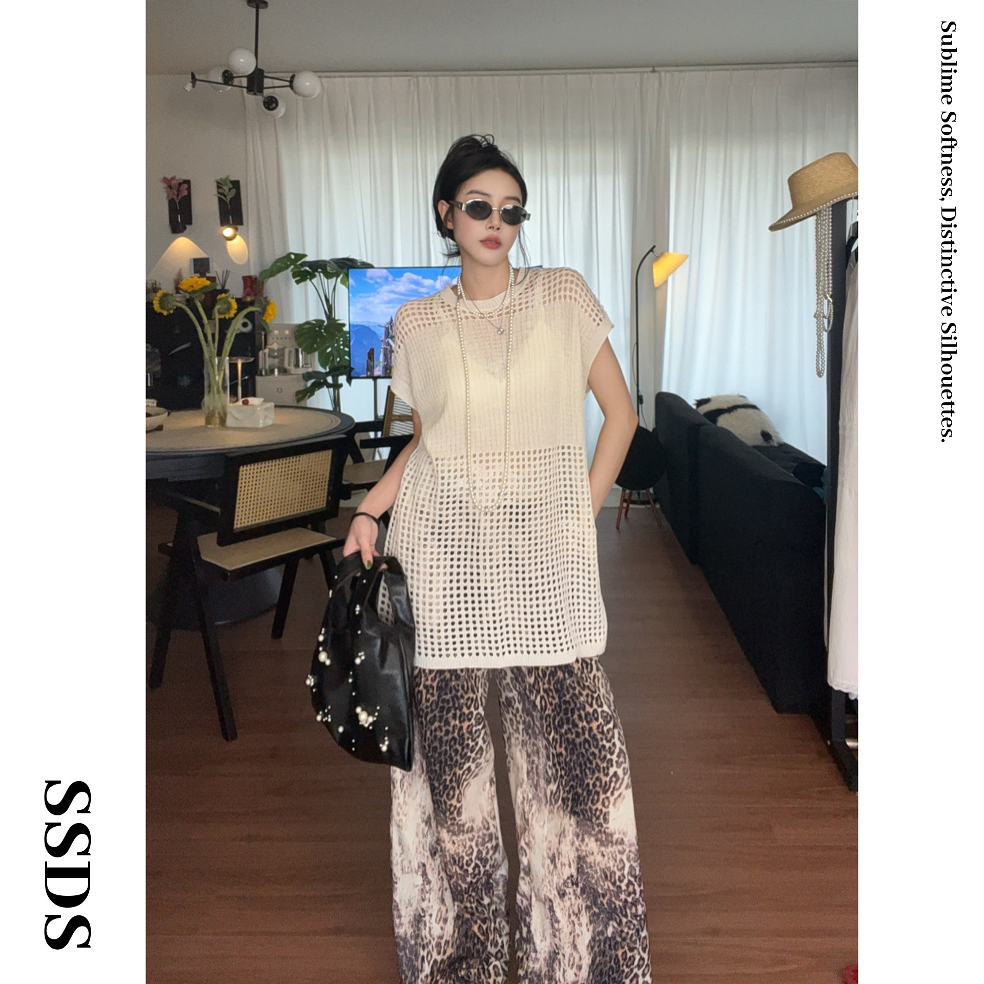 SSDS夏季天丝冰感镂空坎肩短袖女韩系时尚百搭中长款背心罩衫