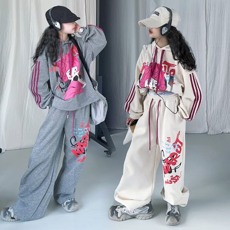 女童套装春秋季2025新款潮女孩中大童织带儿童洋气嵌绳卫衣两件套