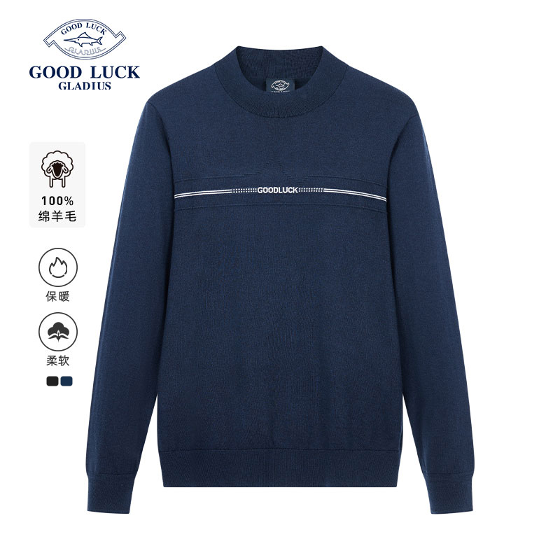 【纯羊毛】德鲨秋新款套头毛衣男青年蓝色圆领休闲针织衫FR13220