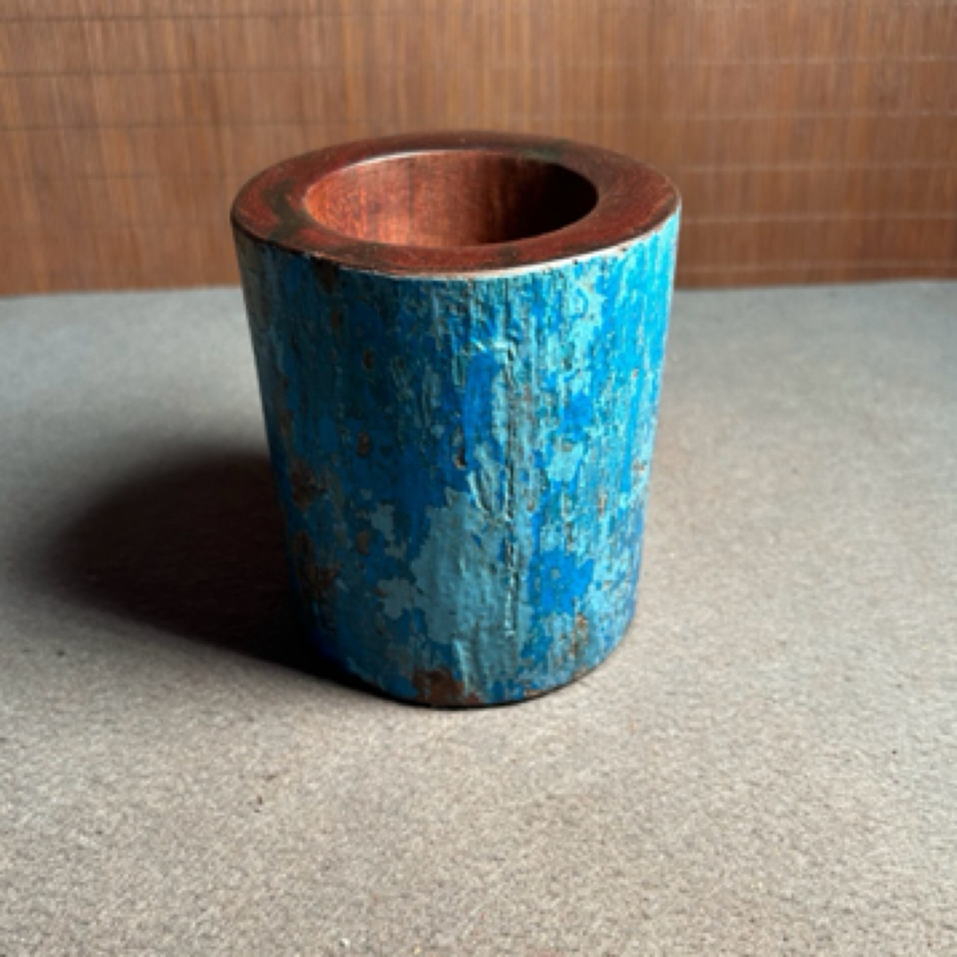 印度小叶紫檀檀香紫檀蓝漆皮笔筒高11直径9.2公分
