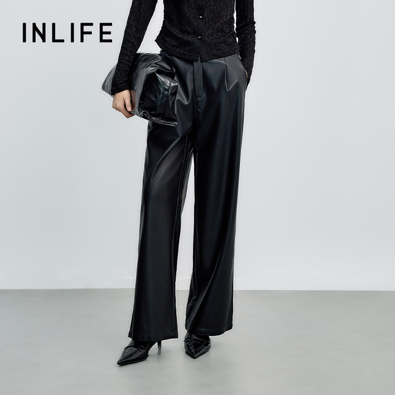 inlife高腰宽松黑色皮裤2025秋直筒裤时尚百搭休闲裤