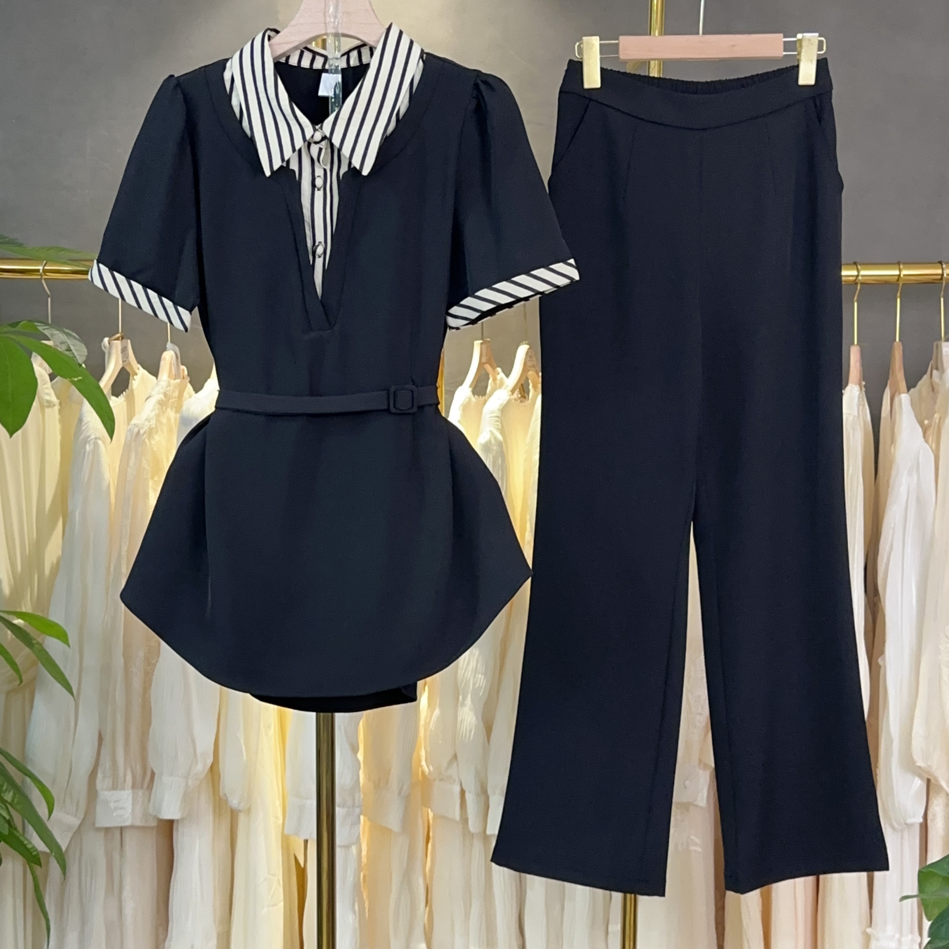 时尚套装女夏装2025新款条纹POLO领洋气短袖t恤休闲裤两件套M283