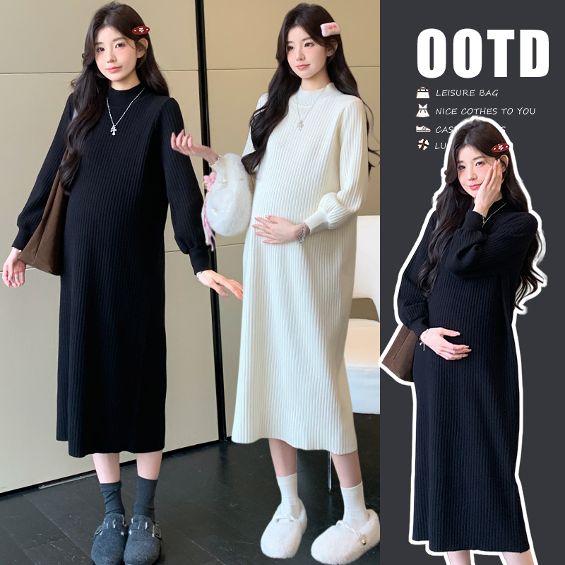 好质地孕妇装秋冬新款纯色显瘦孕妇高领加厚针织毛衣连衣裙