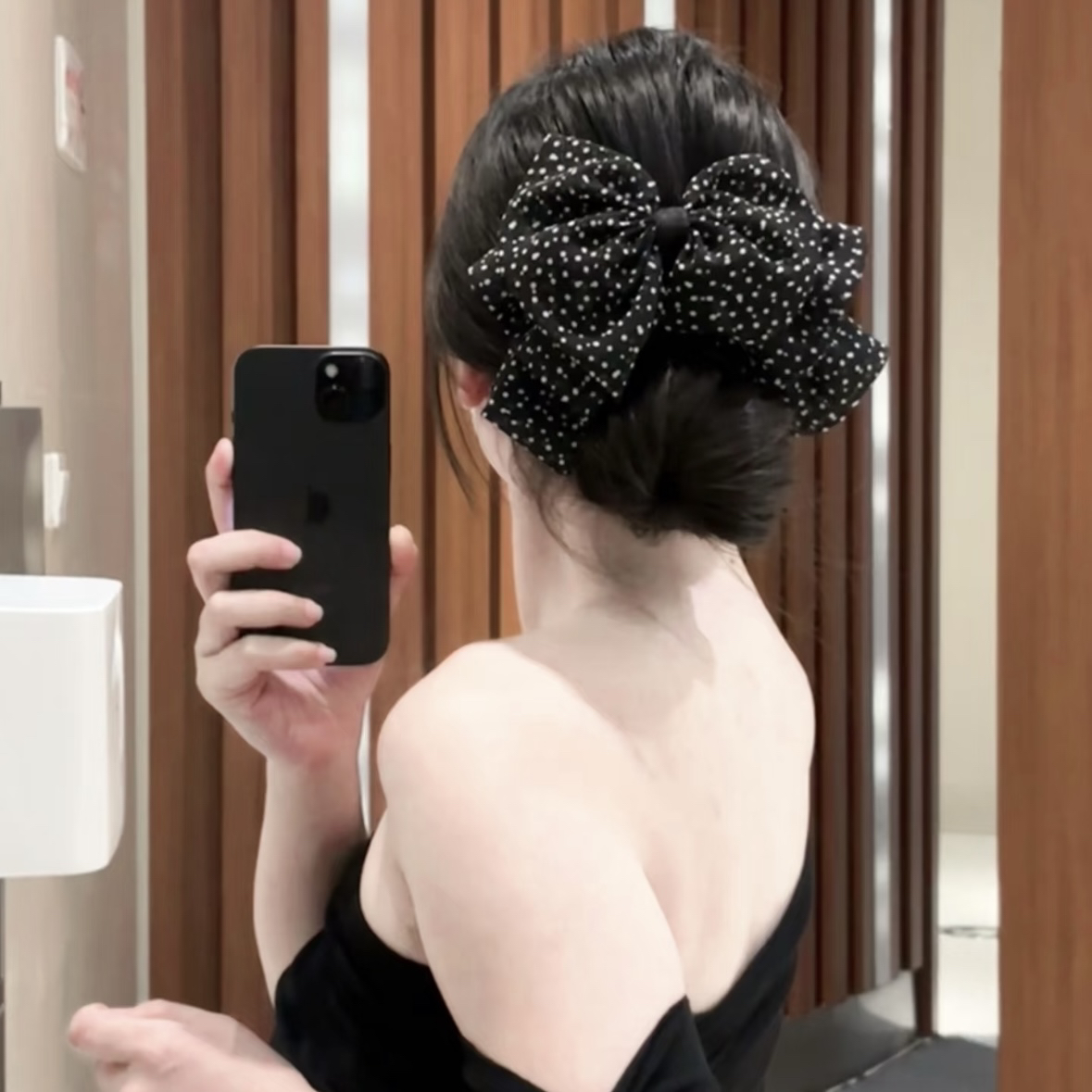 露思同款法式复古网纱波点蝴蝶结马尾夹公主头发抓夹女高级感