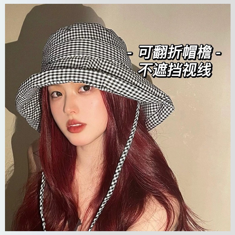 千鸟格大帽檐渔夫帽子女夏遮脸户外防晒遮阳帽百搭赵露丝同款盆帽