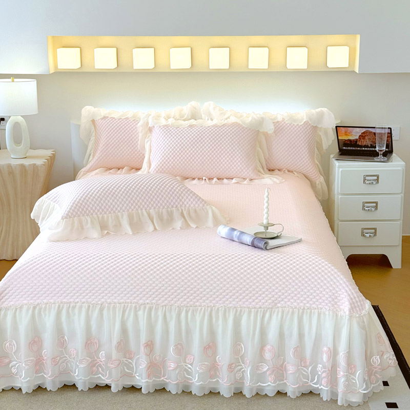 ◎夏季裸睡冰豆豆凉席床裙三件套/公主风蕾丝双层花边空调软席子