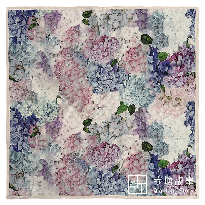 Qiantang Story/钱塘故事真丝双绉-70cm绣球满园桑蚕丝丝巾68*68