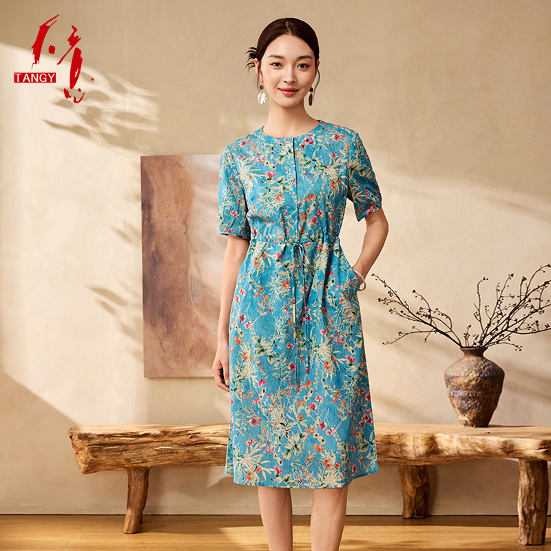 TANGY/天意2025秋季新款民族风泡泡袖圆领纯棉印花连衣裙W253801
