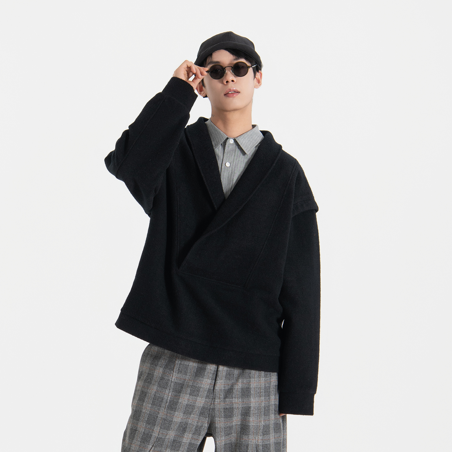 HalfwayHouse冬季新款日系青果领宽松套头衫