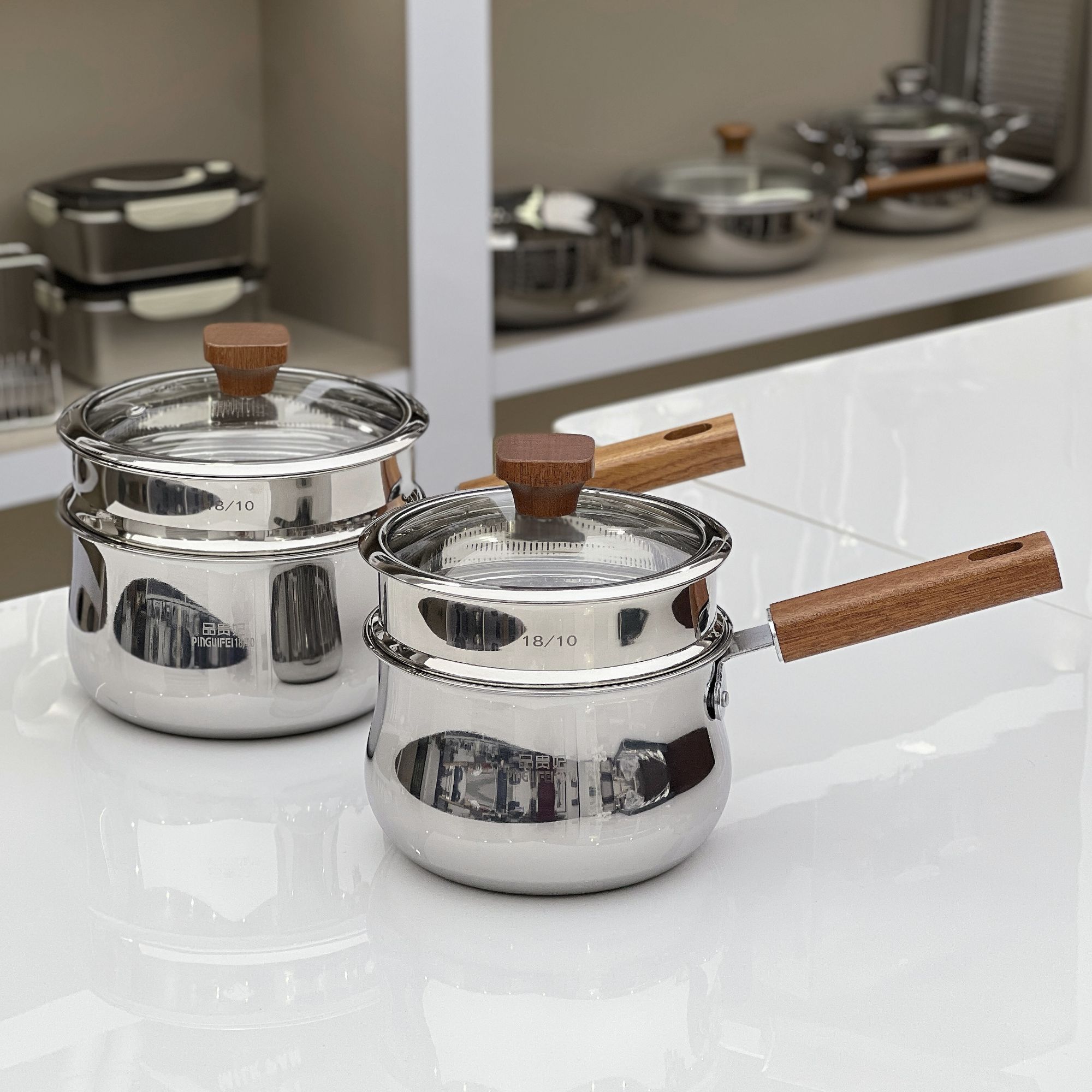 【16-18cm】18/10不锈钢小奶锅日式木把带蒸格加厚雪平锅宝宝辅食锅