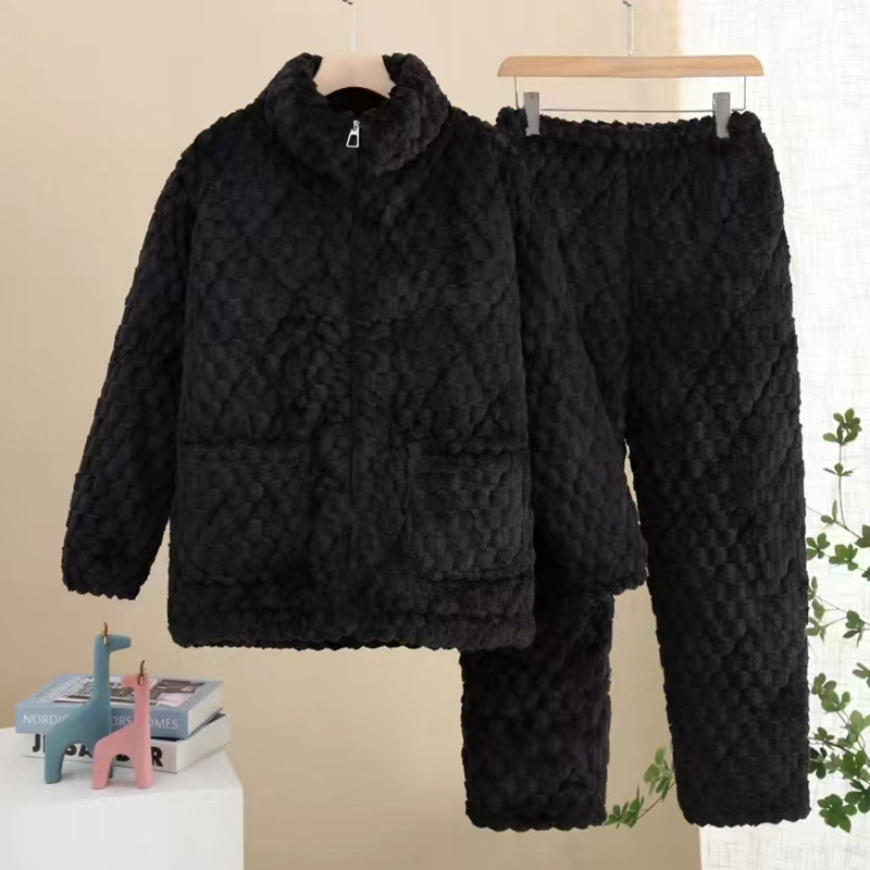 时尚拉链秋冬睡衣女三层加绒加厚夹棉保暖3D提花绒大码套装家居服