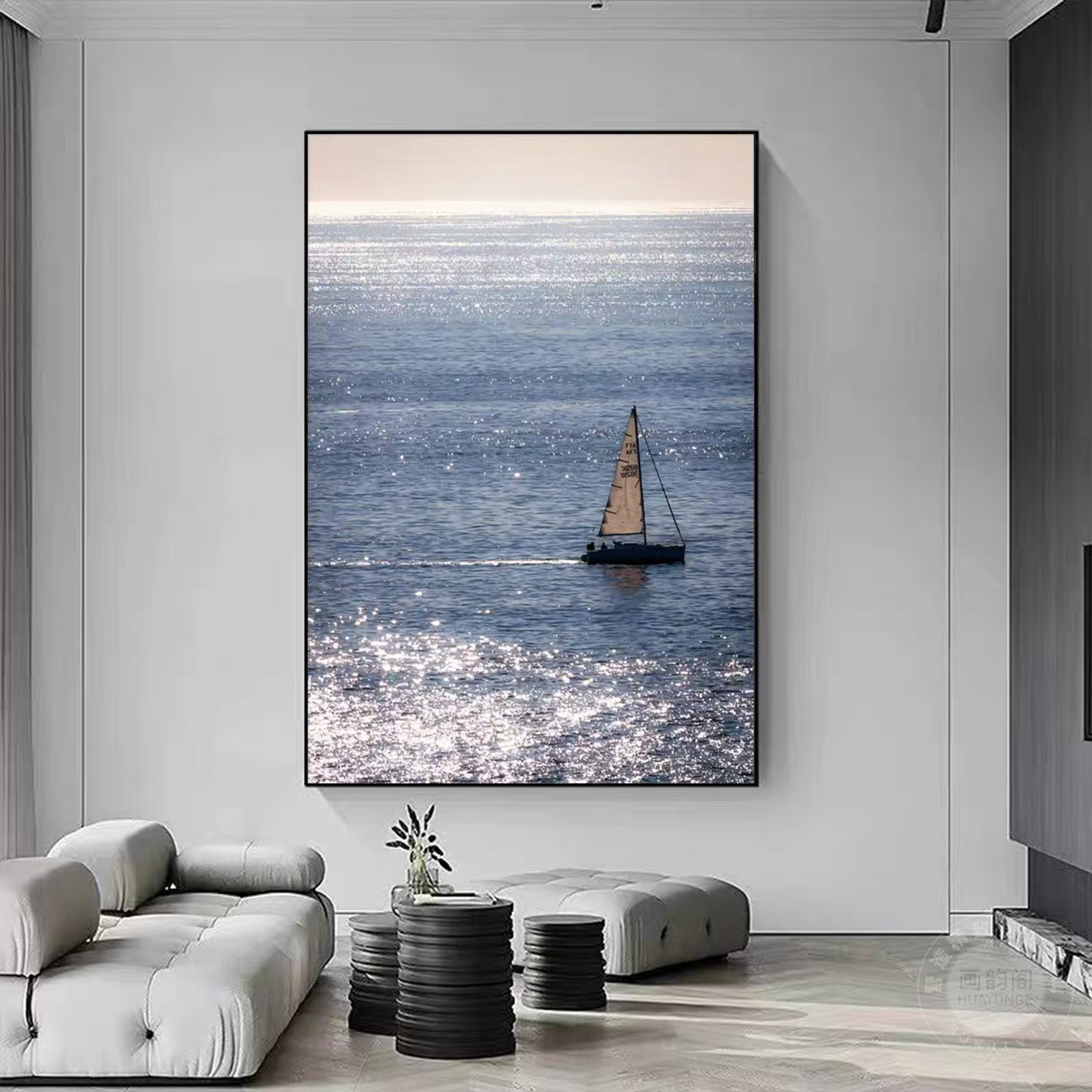 现代简约一帆风顺黑白灰客厅极简沙发背景墙装饰画高级感玄关挂画