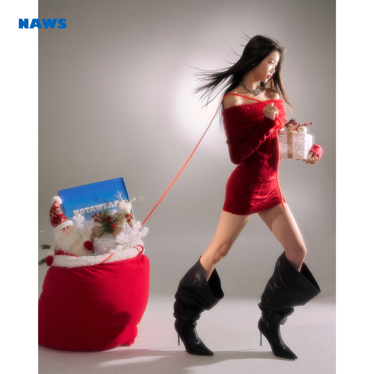 NAWS  红酒连衣裙 翻领一字肩修身短裙马海毛连衣裙