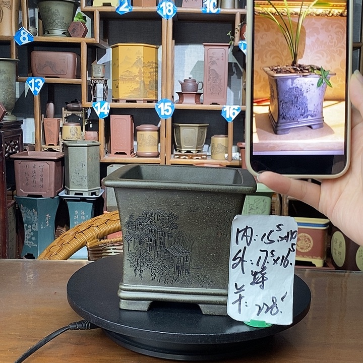 紫砂花盆天青泥水乡刻绘特价