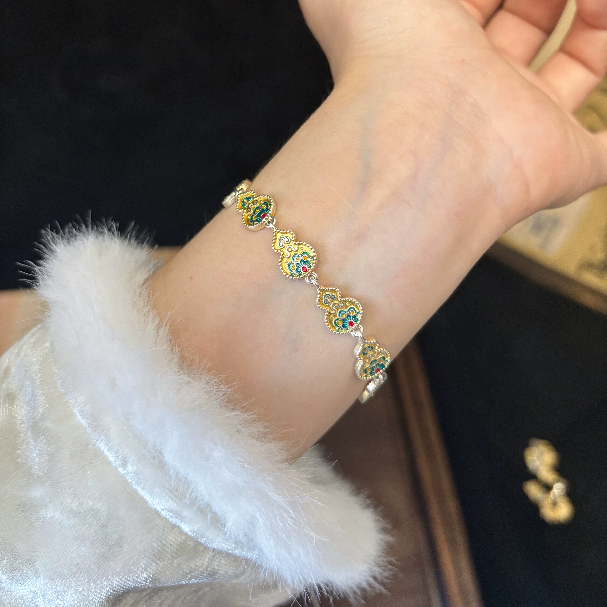 足银手链 A088足银999.9【宝相花葫芦】珐琅彩描金纯银手链新中式