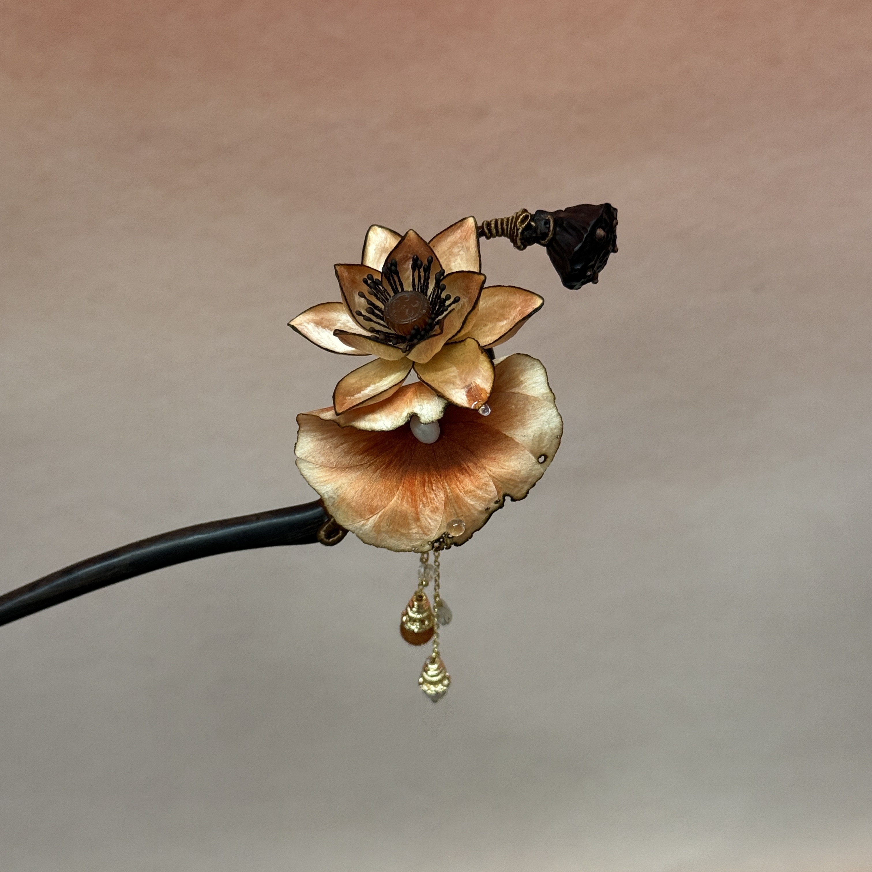 【听雨声】非遗桑蚕丝绒花枯荷发簪秋冬国风手工