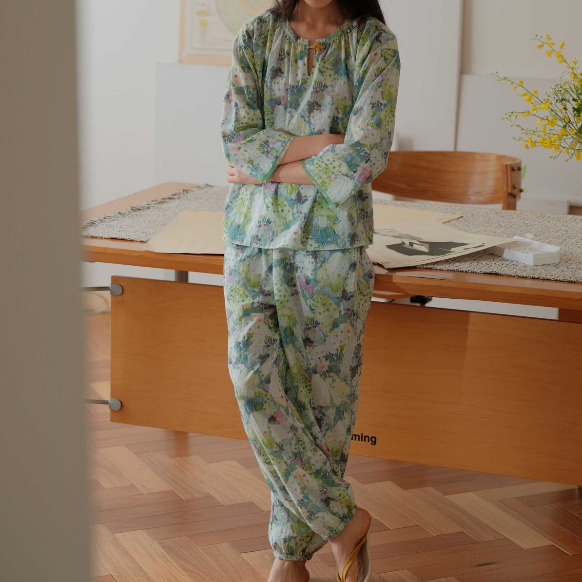 朵朵可可春夏女士春夏新款棉印花套头七分袖长裤睡衣家居服碎花