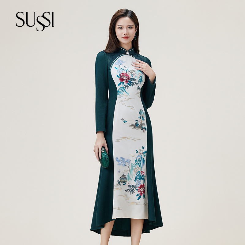 SUSSI/古色秋季新品商场同款墨绿色经典设计感印花改良旗袍裙
