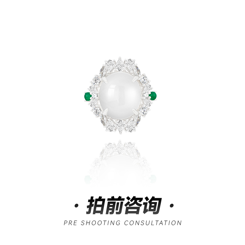 925银戒指 蛋面白髓戒指佛公项链套装礼盒情人节礼物送人礼盒