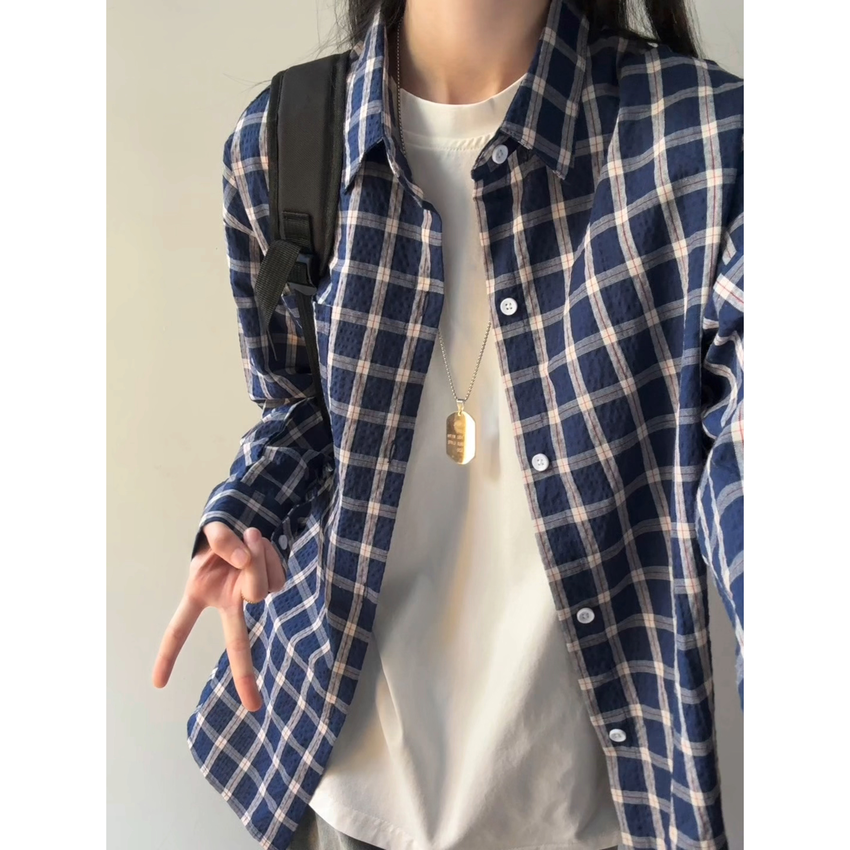 长袖衬衫男春秋季2025新款美式休闲翻领上衣大码宽松潮牌格子外套