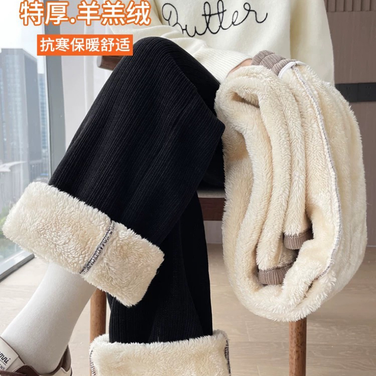 女士加绒加厚羊羔绒阔腿裤秋冬季雪尼尔保暖直筒休闲女裤