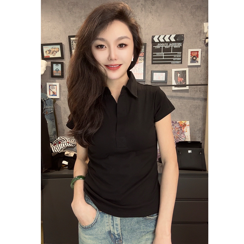 Polo衫纯色2025春季新款正肩黑色T恤女高级感时髦修身显瘦上衣