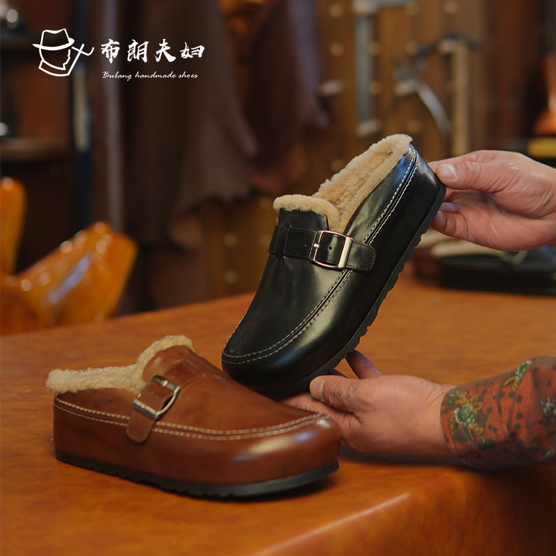 做旧复古羊毛勃肯包头拖鞋女2025真皮毛毛拖休闲水洗皮包头拖鞋女