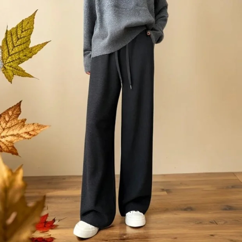 高端欧货秋冬加绒抽绳松紧高腰直筒裤宽松休闲巨显瘦阔腿裤KZ764