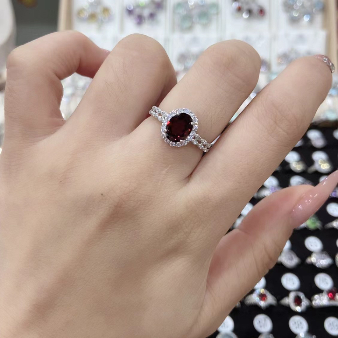 天然石榴石双戒臂款通体银开口戒 气质优雅