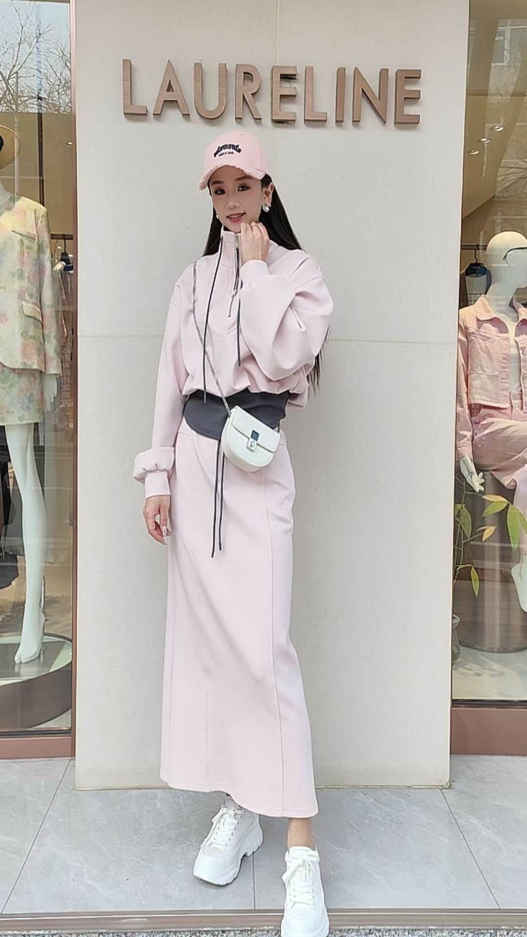 拼接时尚休闲套装裙立领刺绣假两件卫衣松紧腰半身裙