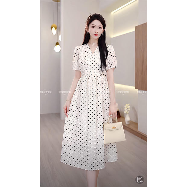 L5382【阿紫专属】波点泡泡袖v领连衣裙女2025夏季新款法式收腰长裙